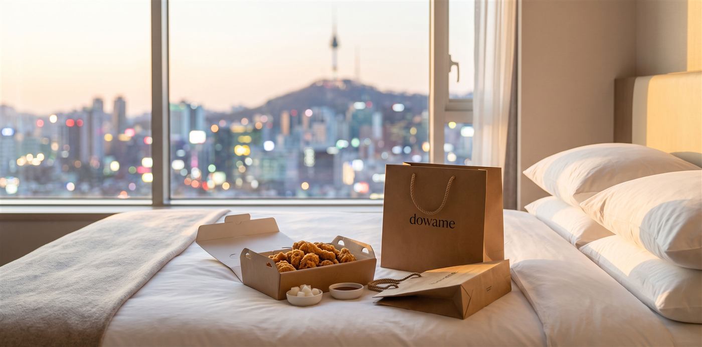 Korean fried chicken and dowame shopping bags on a hotel bed, Seoul skyline at dusk